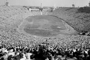 The Los Angeles Coliseum is filled to capacity during the fifth game of the World Series between the Los Angeles Dodgers and the Chicago White Sox, Oct. 6, 1959. The crowd of 92,706 set a new World Series attendance record for the third straight day. (AP Photo)